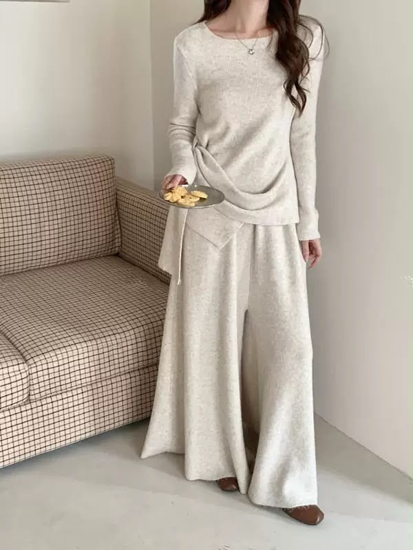 Draped Knit Top & Wide-Leg Pants Set