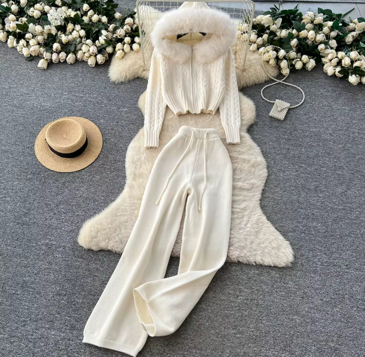 Frost Luxe Fur-Hood Knit Set