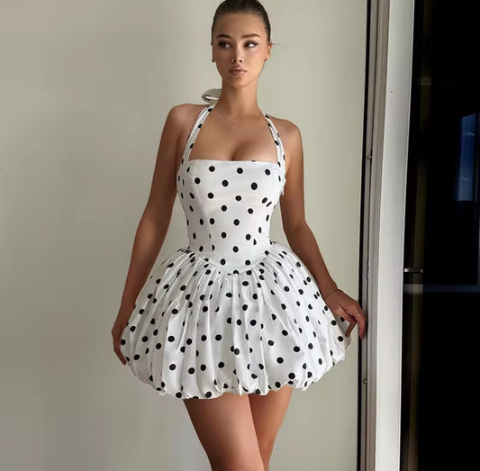 White polka mini dress with halter straps