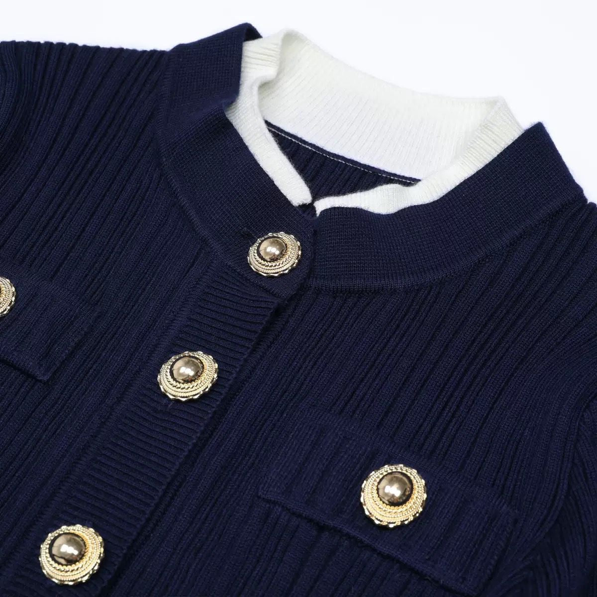 Knit Maxi Dress with Belted Waist and Gold Buttons