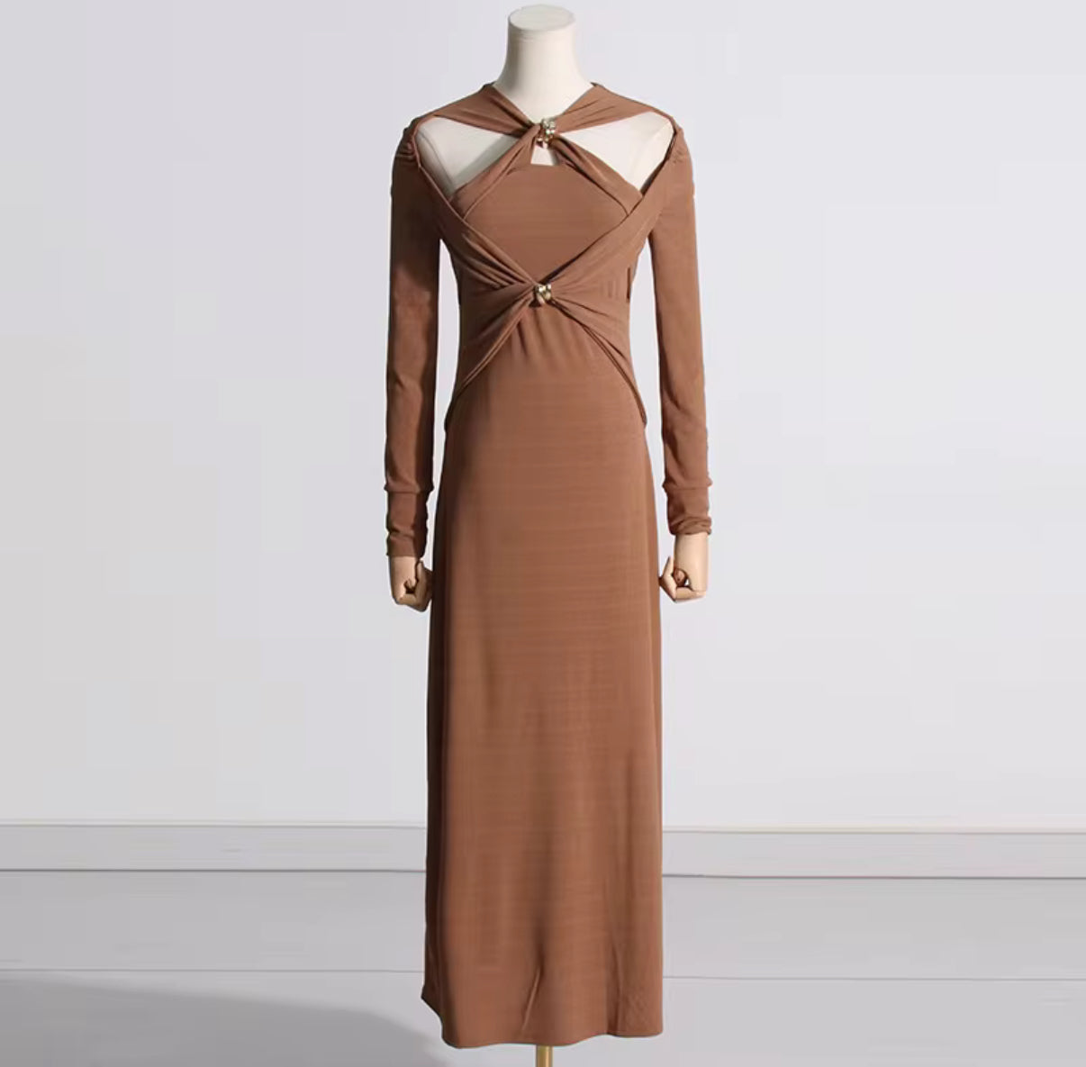 long sleeve dress with front cut-outs & jewel accents