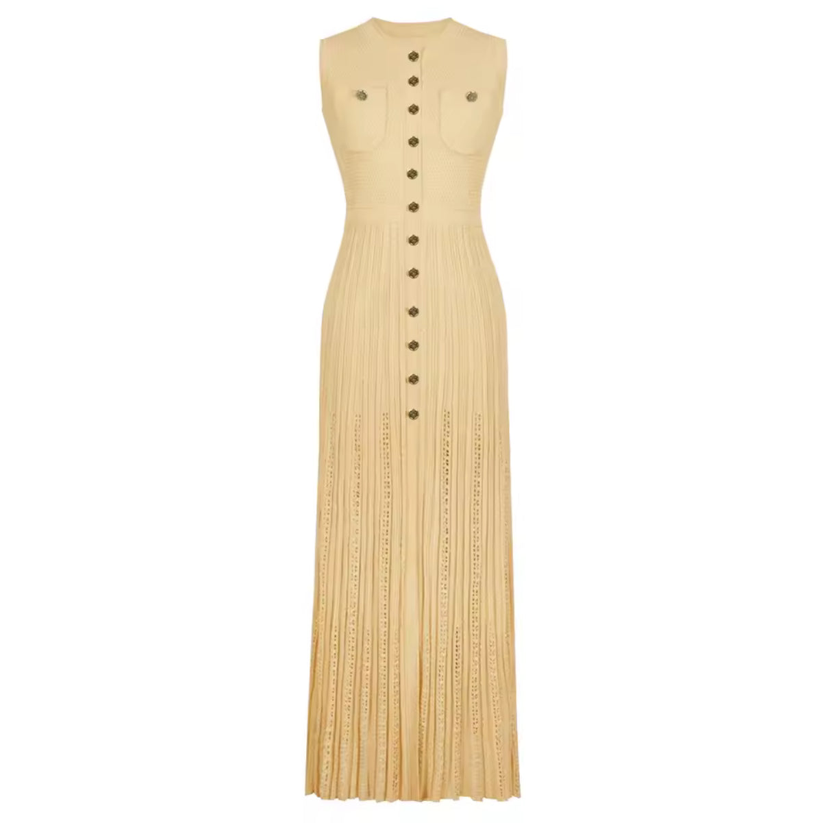 Longline Dress with Intricate Lace Panels and Decorative Buttons