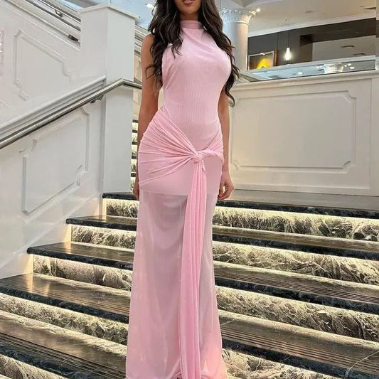 Black Sheer-Panel Maxi Dress with Draped Waist