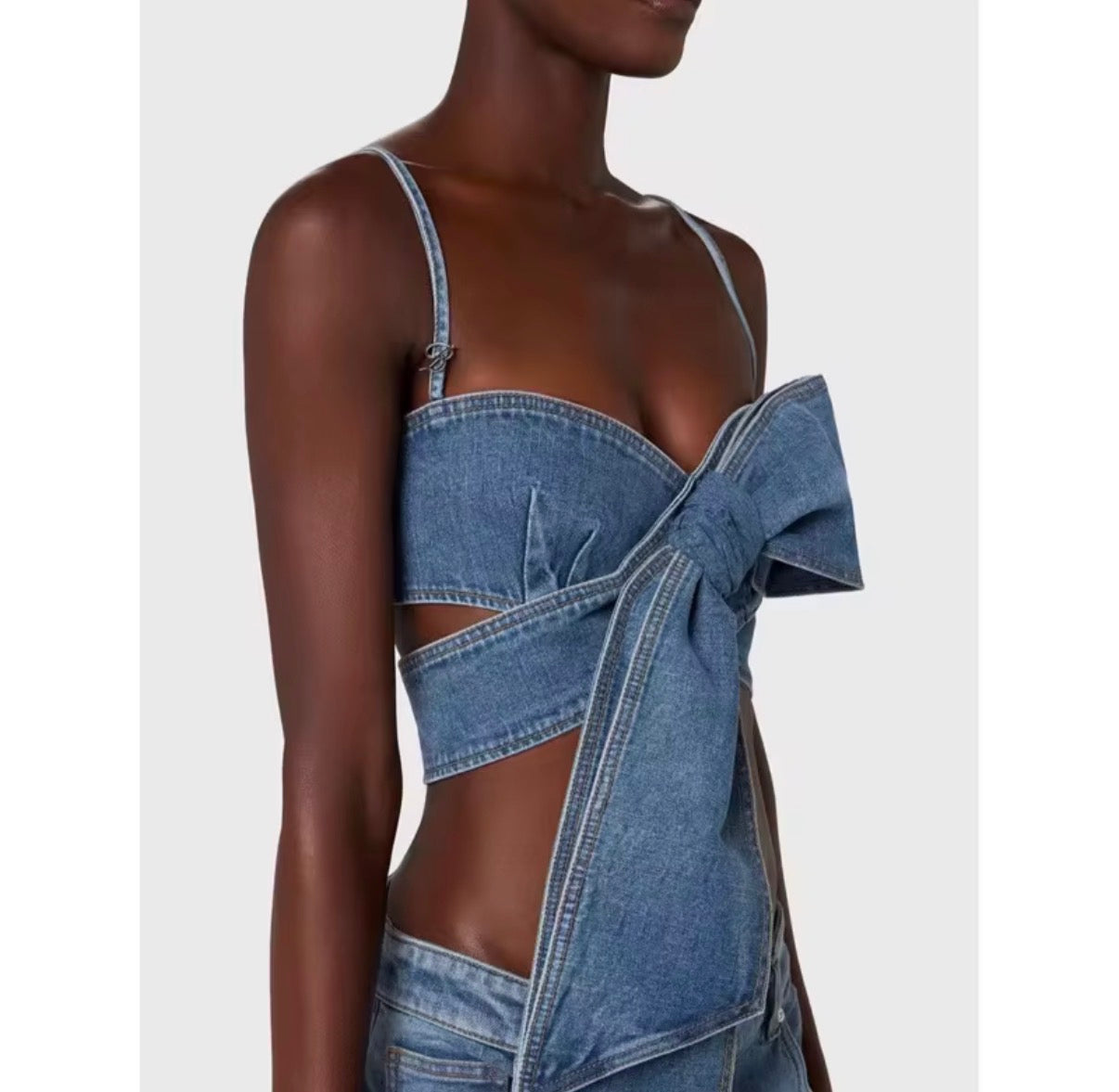 Denim Bow Wrap Crop Top