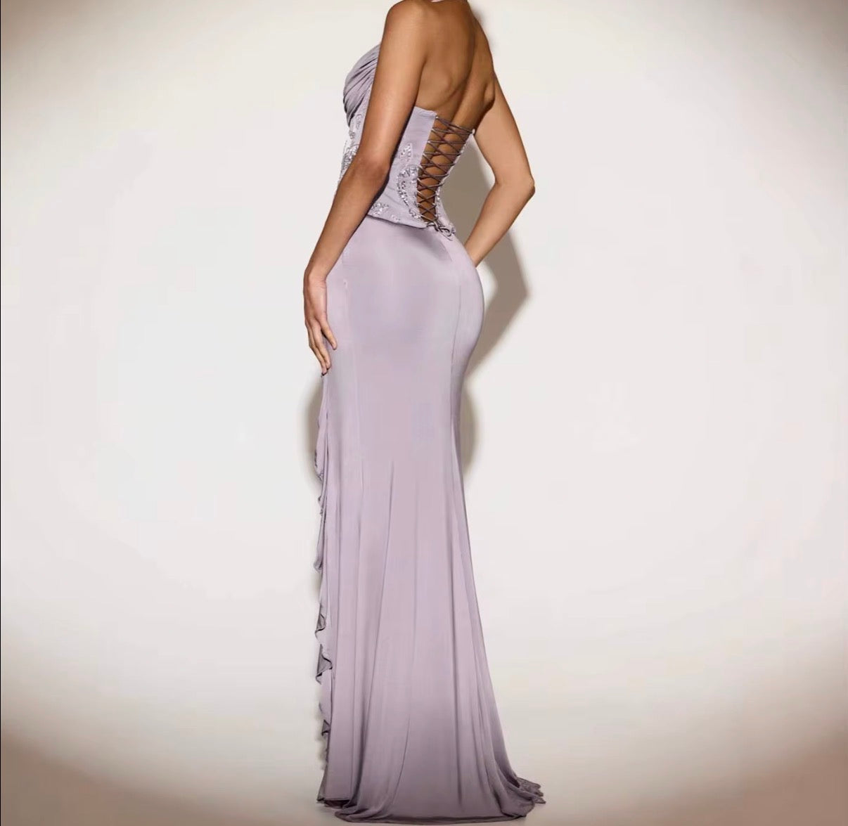 Lilac Embellished Corset Draped Maxi Dress with Lace-Up Back & Ruffle Slit