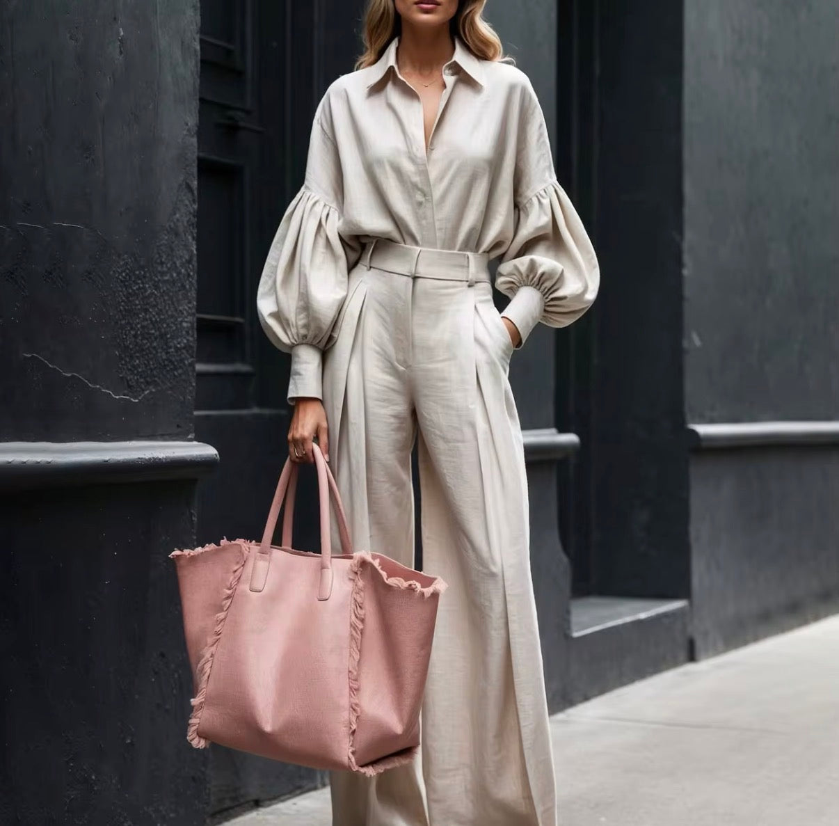 Balloon Sleeve Shirt & Wide-Leg Pants Set