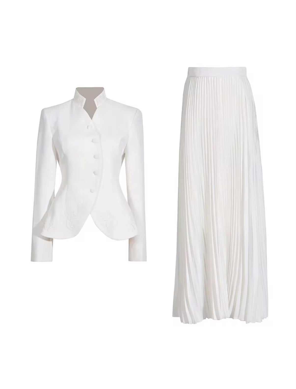 tailored blazer with flowing pleated maxi skirt