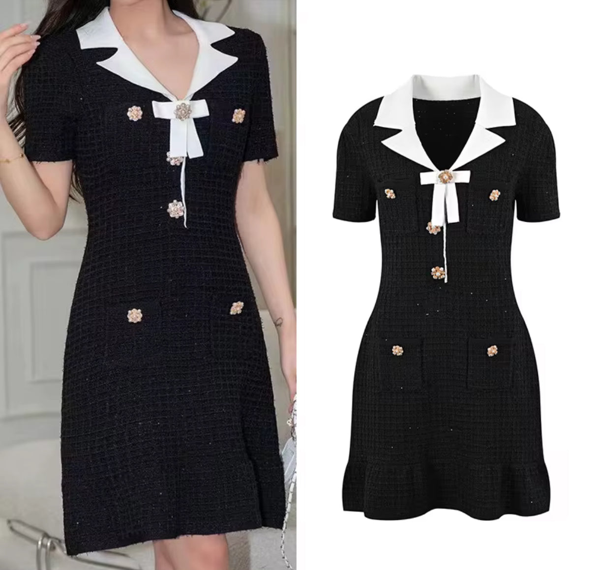 short-sleeve dress with white lapel & bow detail