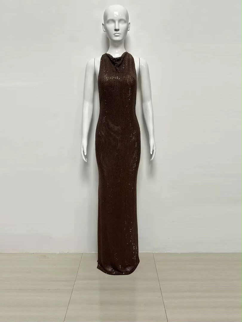 Chocolate Sequin Open-Back Halter Maxi Dress