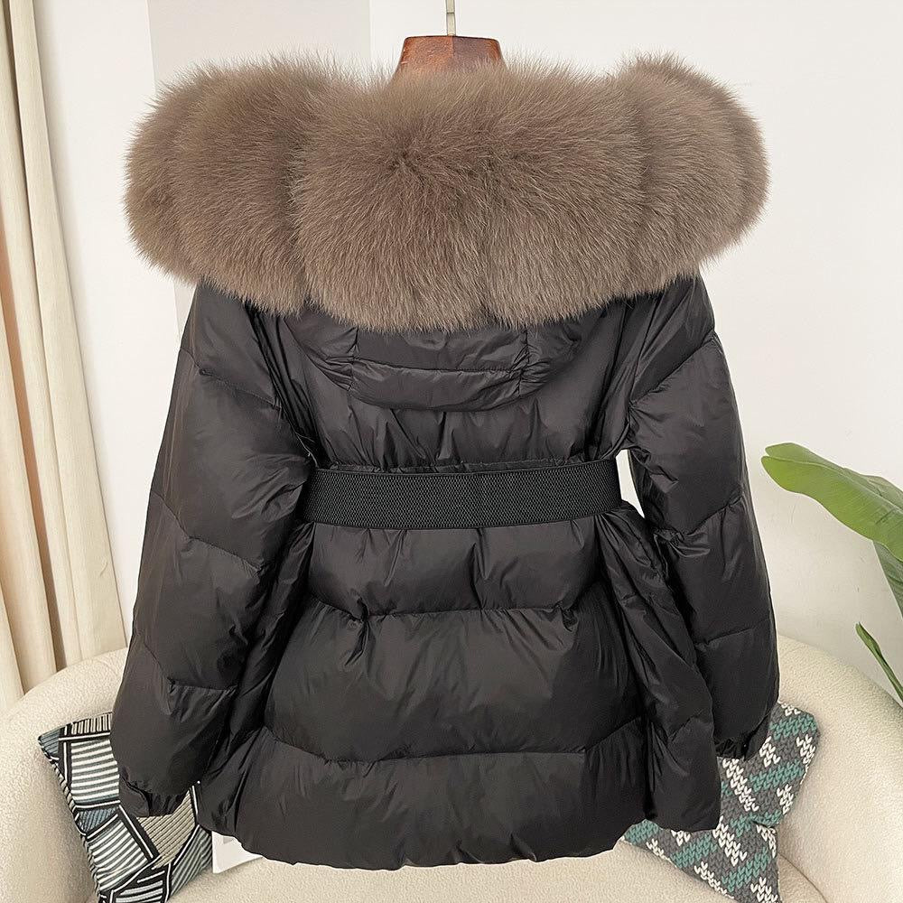Fur-Collar Belted Puffer Jacket