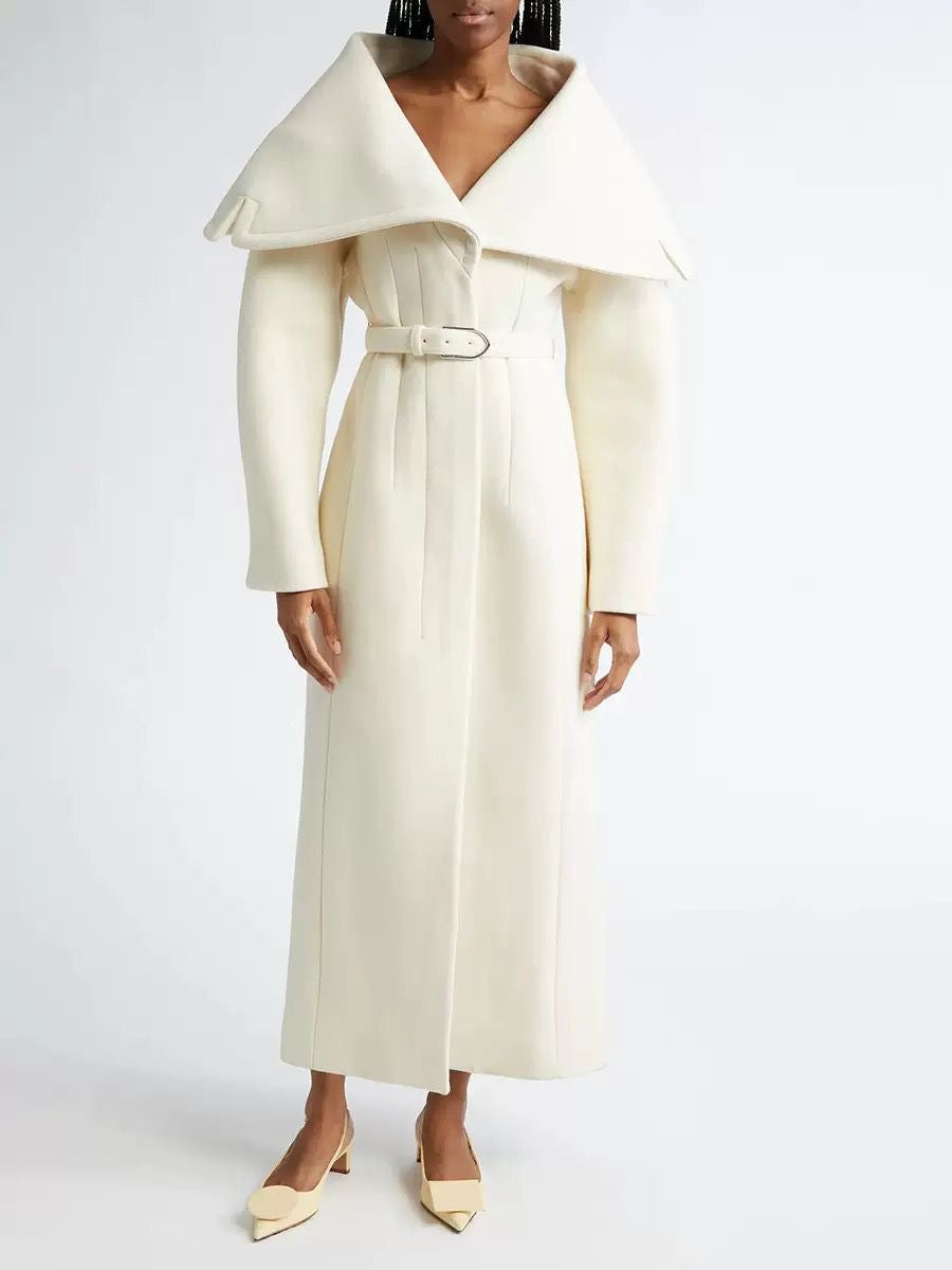 Cream Maxi Trench Coat with Oversized Collar and Belted Waist