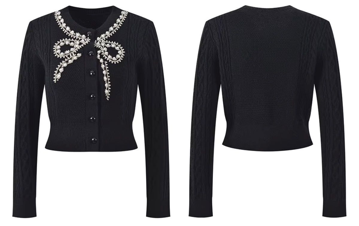 Crystal Bow Cable-Knit Cardigan