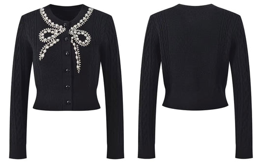 Crystal Bow Cable-Knit Cardigan