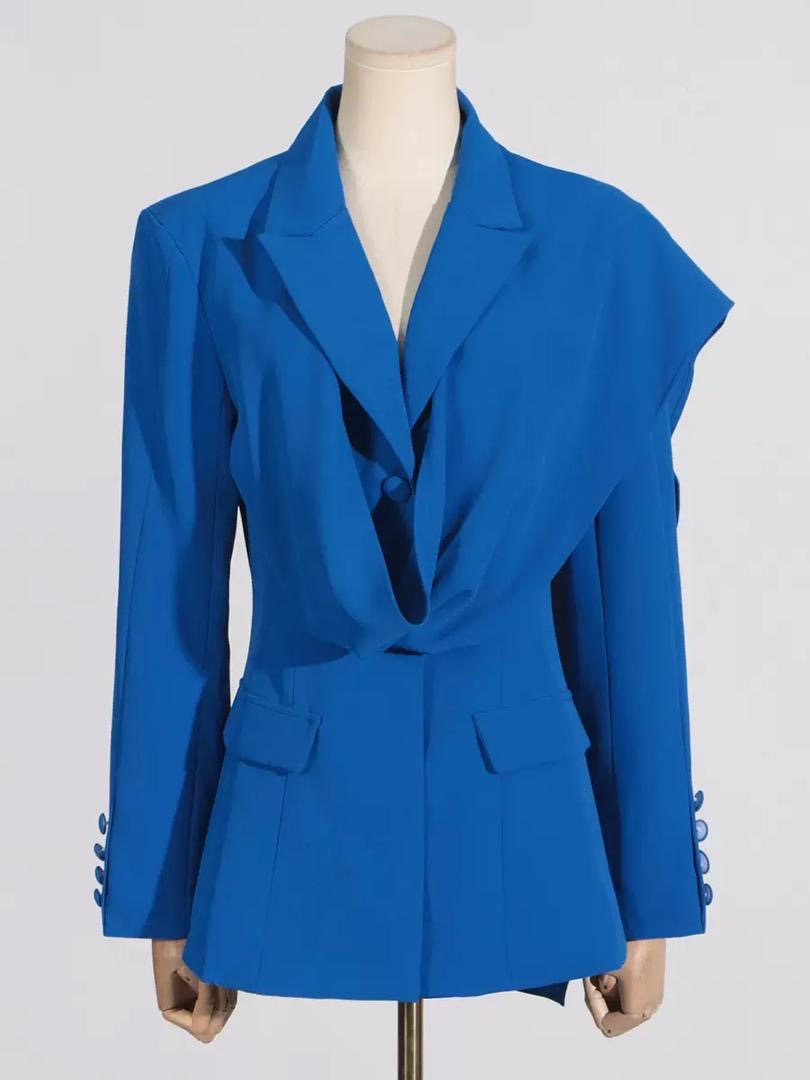 Royal Blue Tailored Blazer with Draped Shoulder Scarf Effect