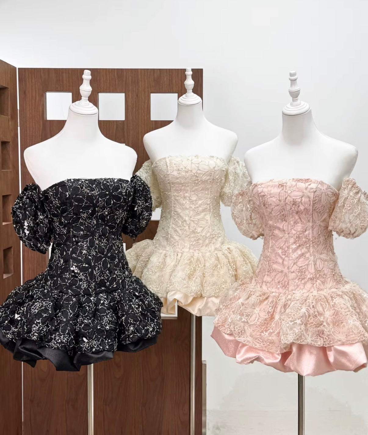 Off-Shoulder Lace Corset Bubble Mini Dress with Puff Sleeves