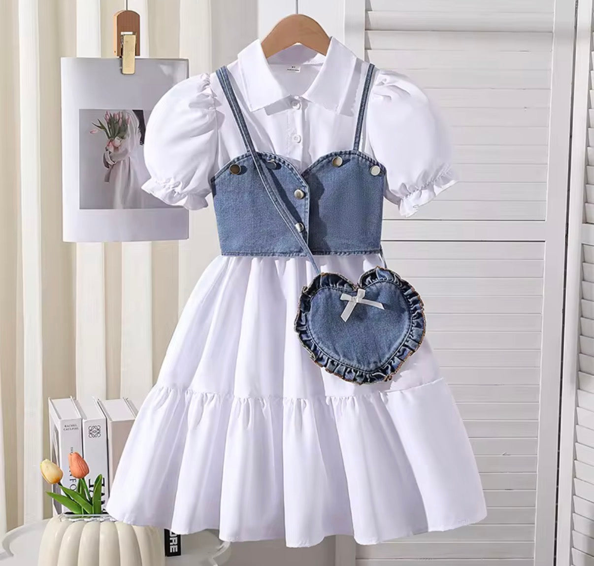 Denim Corset Puff Sleeve Dress Set