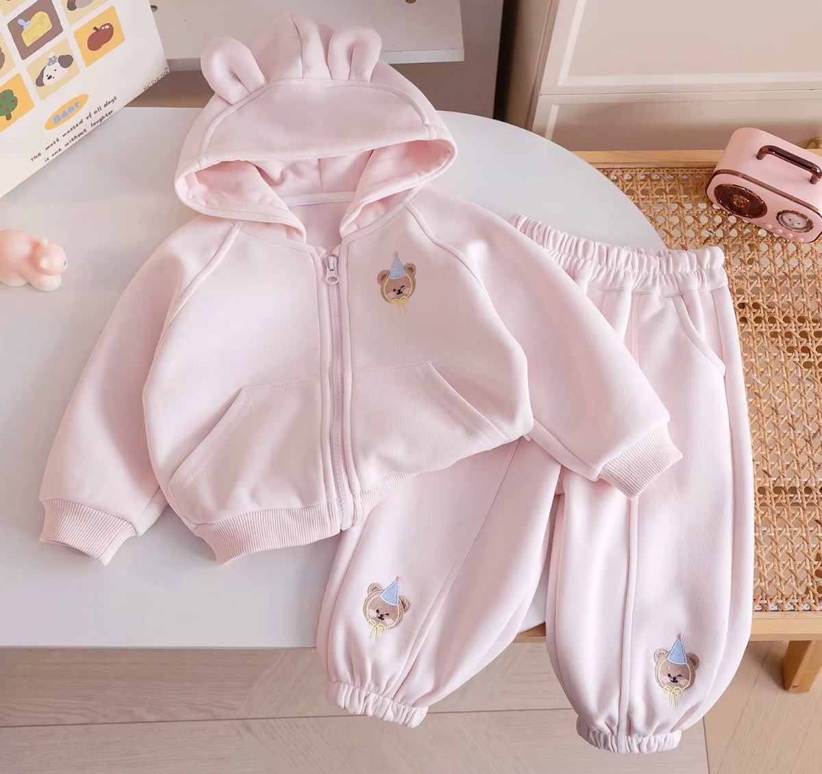 Pink Teddy Ear Hoodie Set
