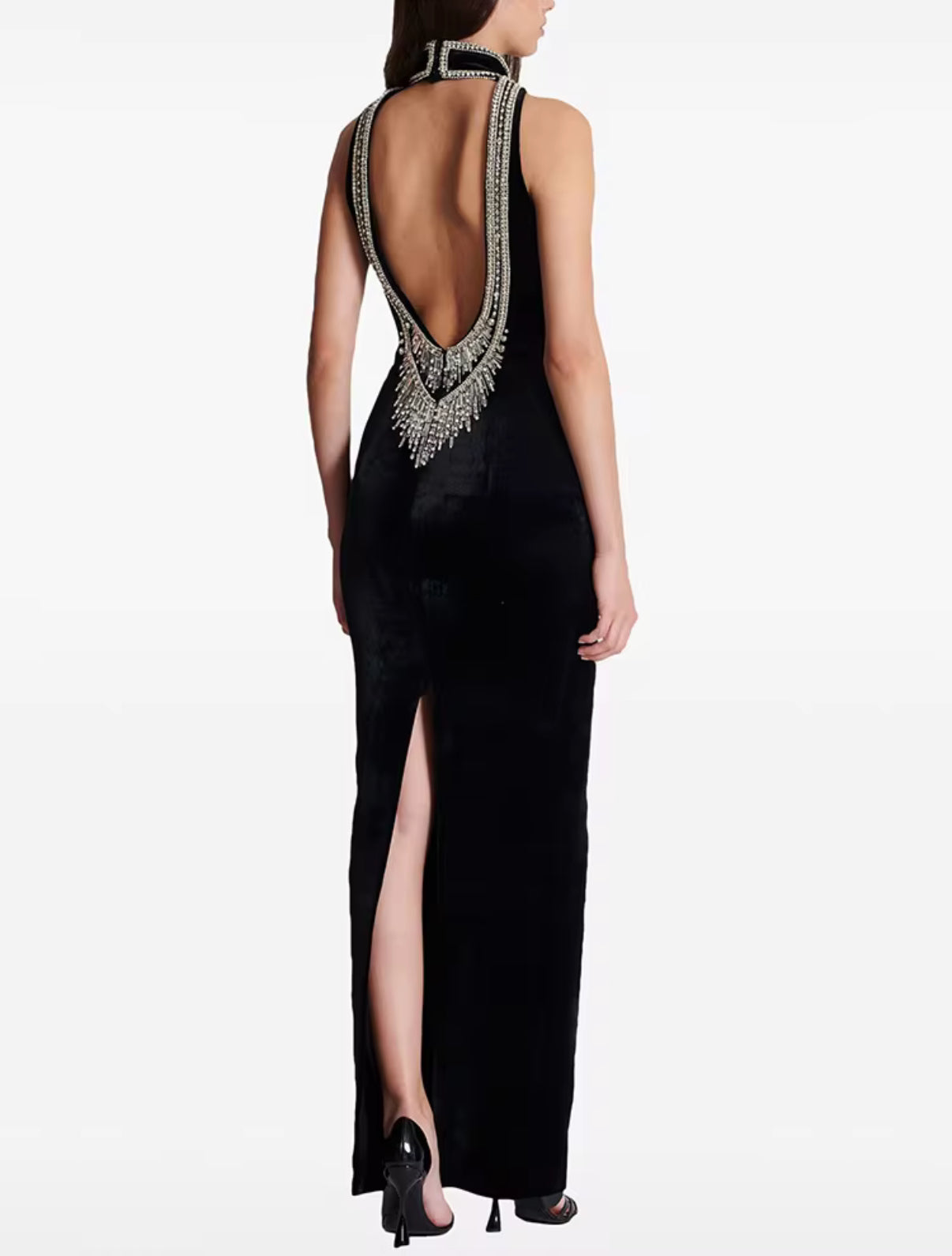 Black Velvet Halter Maxi Dress with Embellished Collar