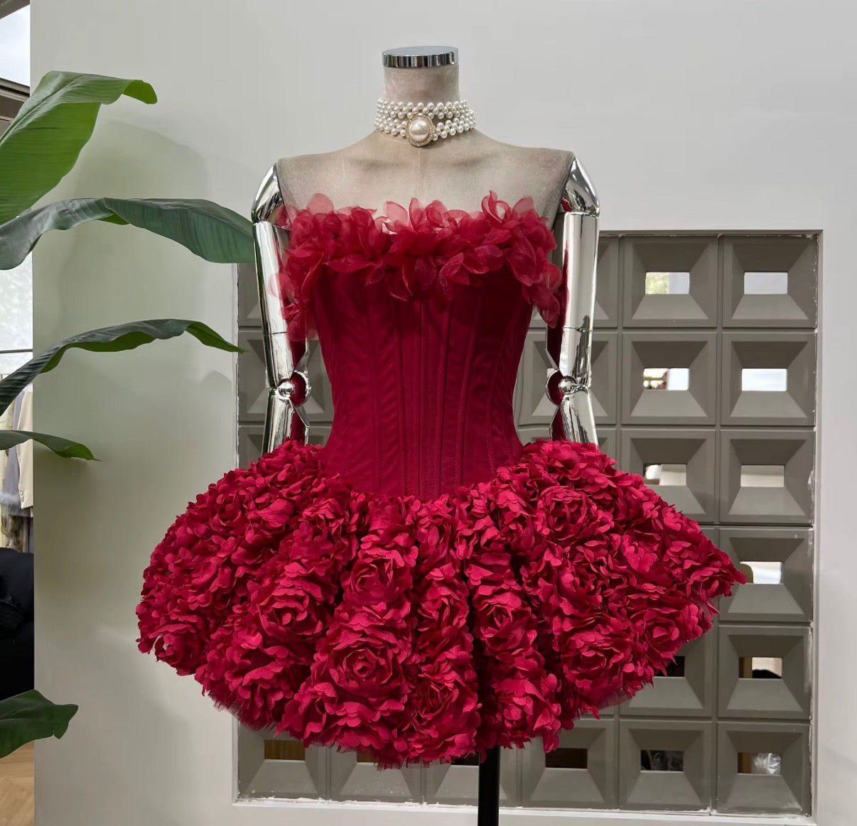 Floral Corset Mini Dress with Voluminous 3D Rose Skirt