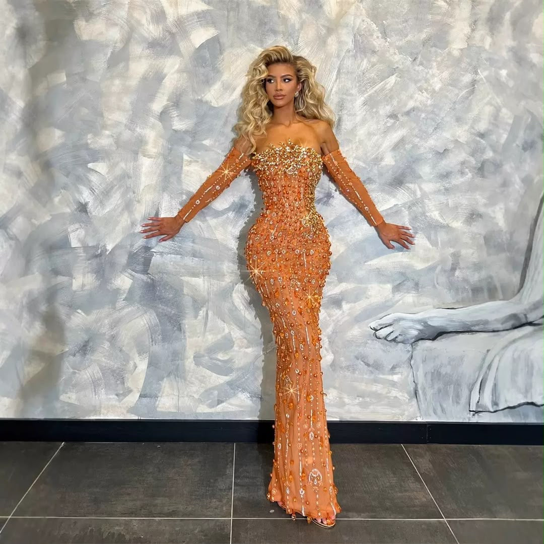 Orange Crystal-Embellished Off-Shoulder Maxi Dress ✨