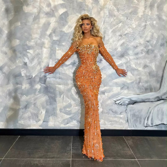 Orange Crystal-Embellished Off-Shoulder Maxi Dress ✨
