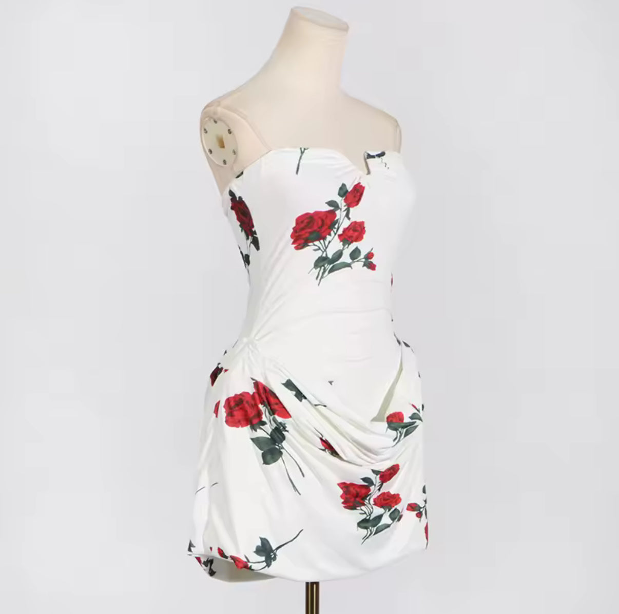 White Strapless Mini Dress with Red Rose Print and Draped Skirt Detail