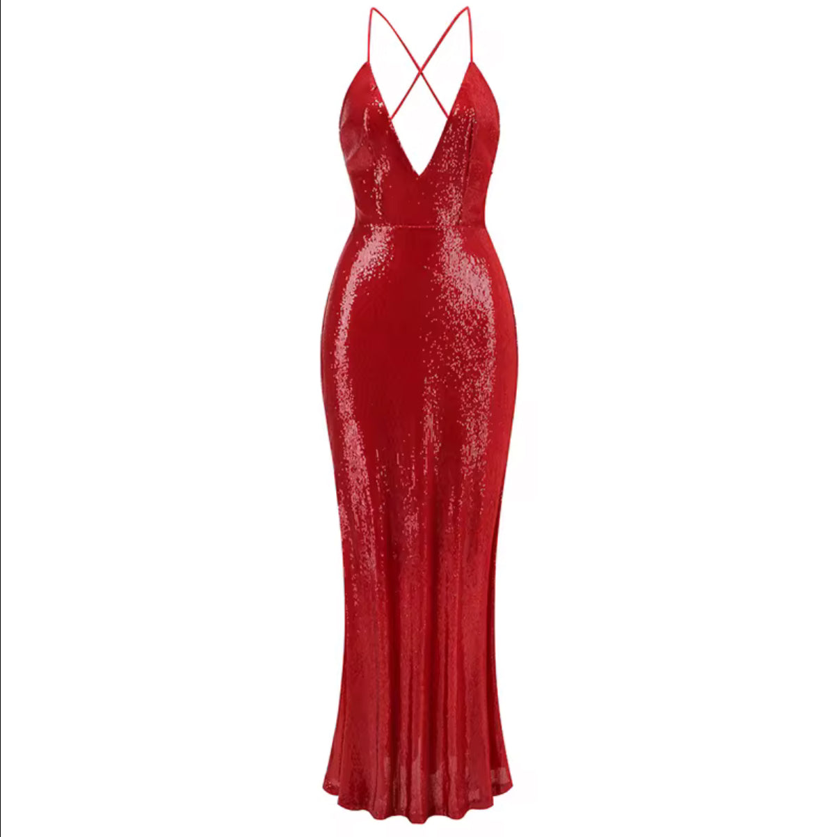 Red Halter Sequin Gown with Deep Plunge and Mermaid Hem
