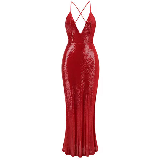 Red Halter Sequin Gown with Deep Plunge and Mermaid Hem