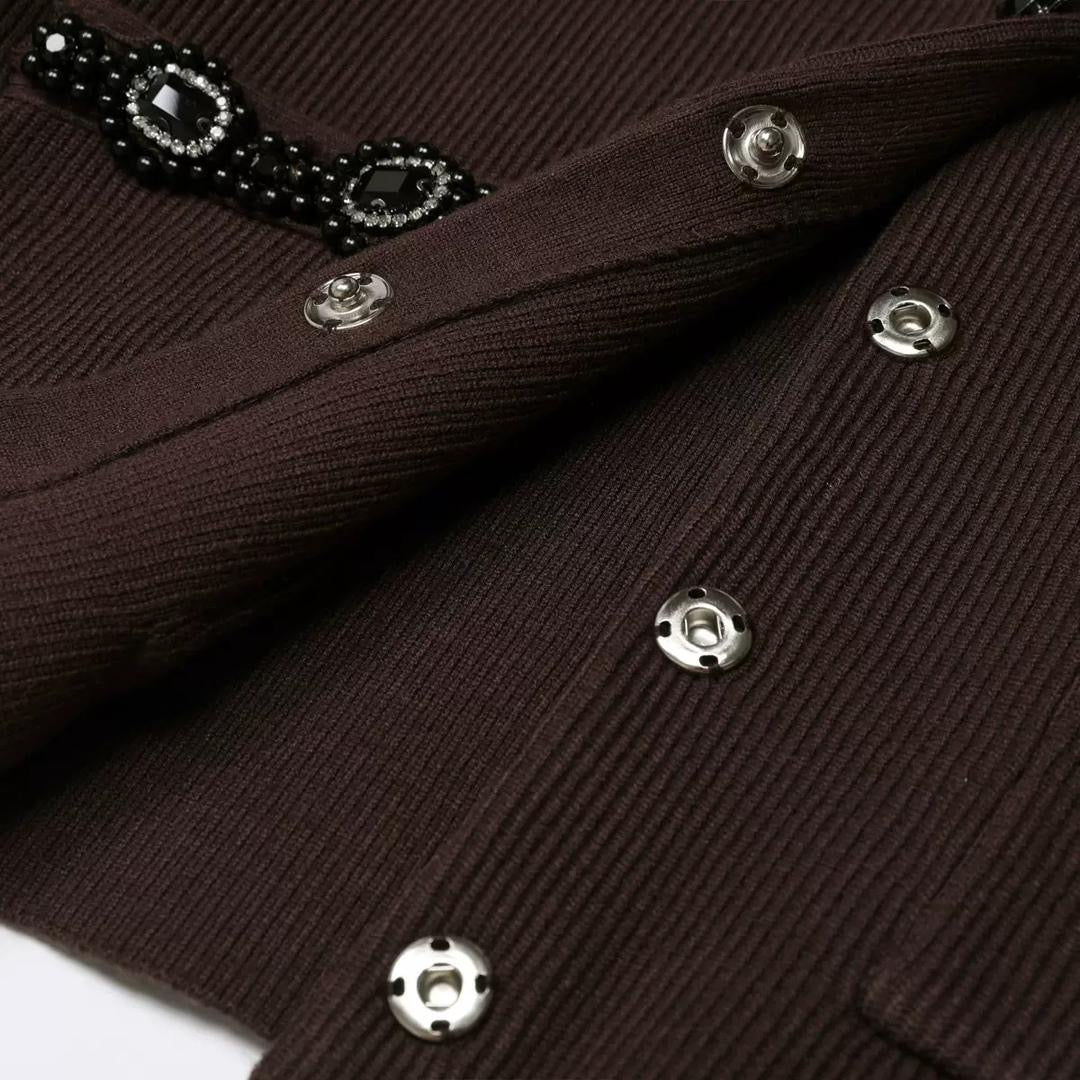 Embellished Knit Cardigan & Flared Midi Skirt Set