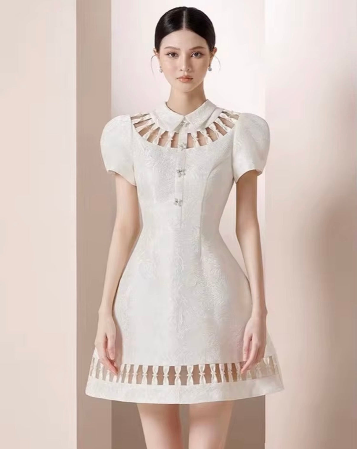 Elegant Textured Mini Dress with Cutout Collar and Sculpted Puff Sleeves