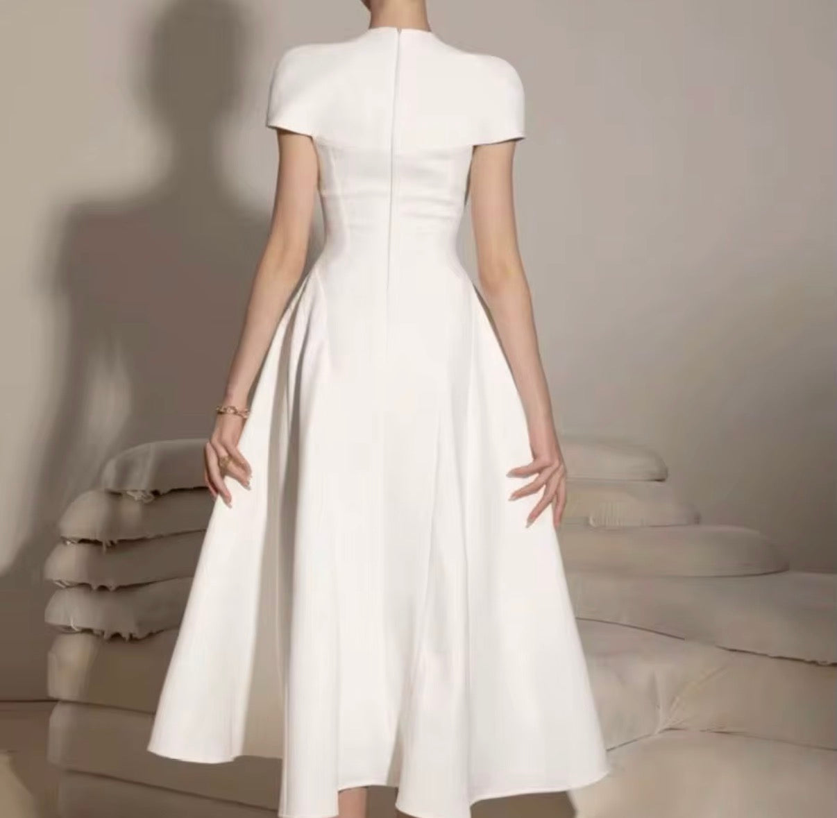 Elegant Ivory Sculpted A-Line Midi Dress with Draped Bolero Sleeves