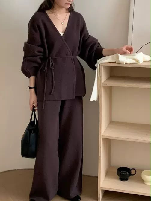 Wrap Knit Cardigan & Wide-Leg Pants Set