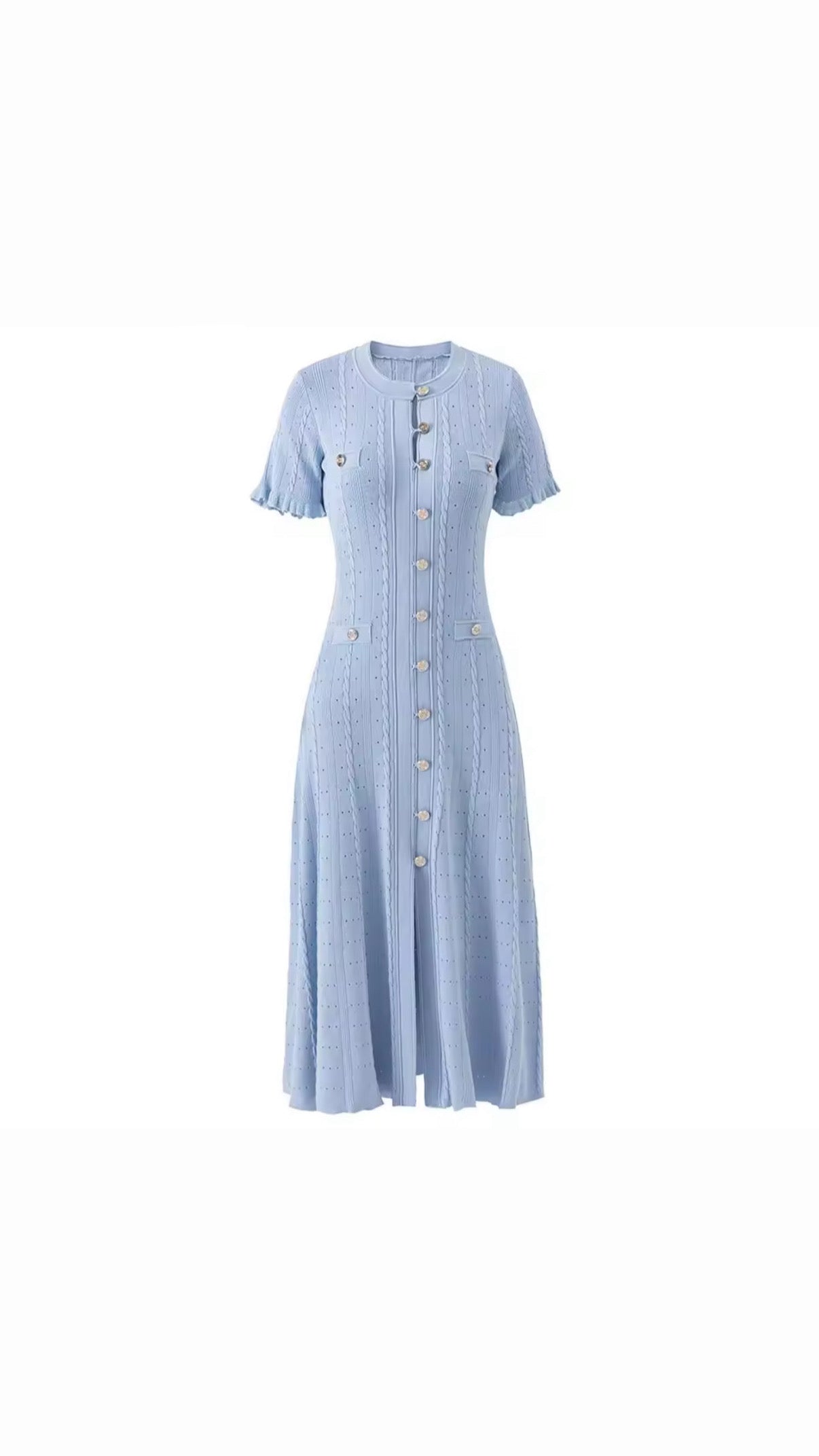 Pastel knit midi dress with front buttons and pocket detail