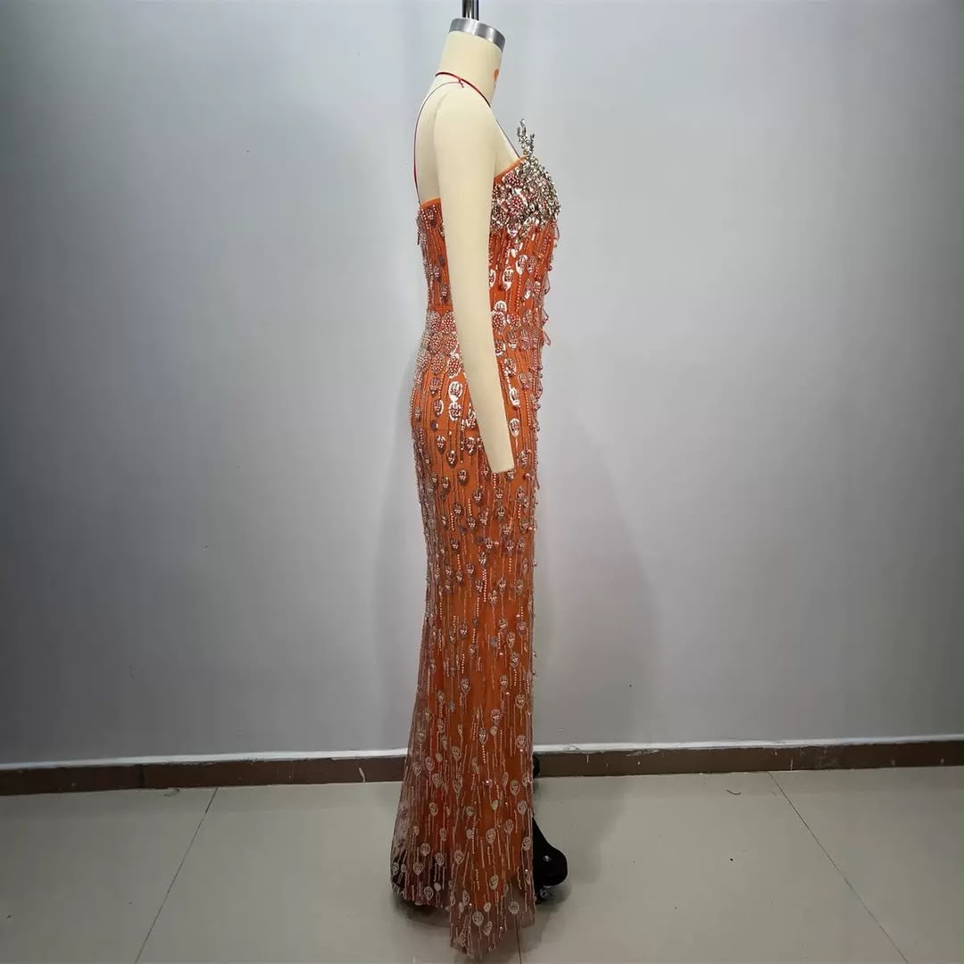 Orange Crystal-Embellished Off-Shoulder Maxi Dress ✨