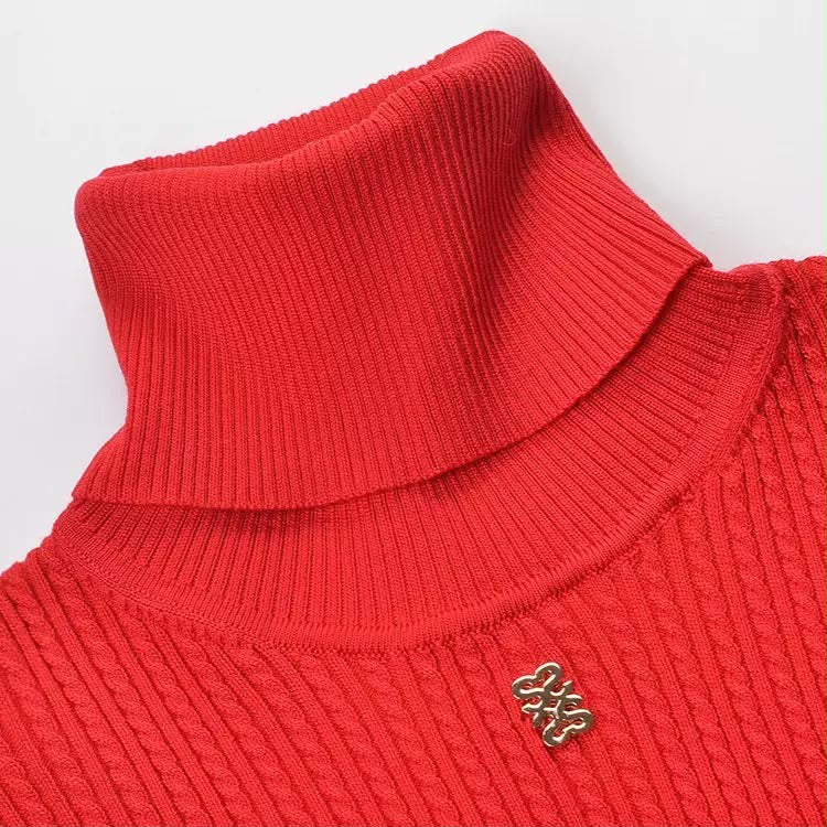 Gold Accent Ribbed Turtleneck Sweater