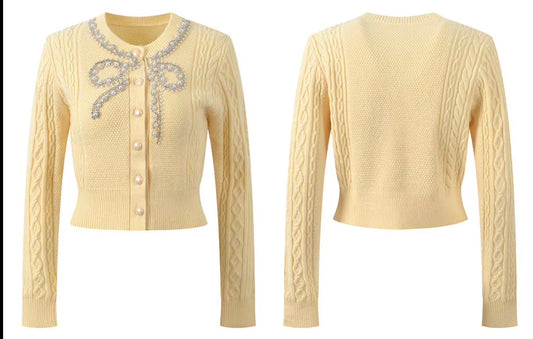 Crystal Bow Cable-Knit Cardigan