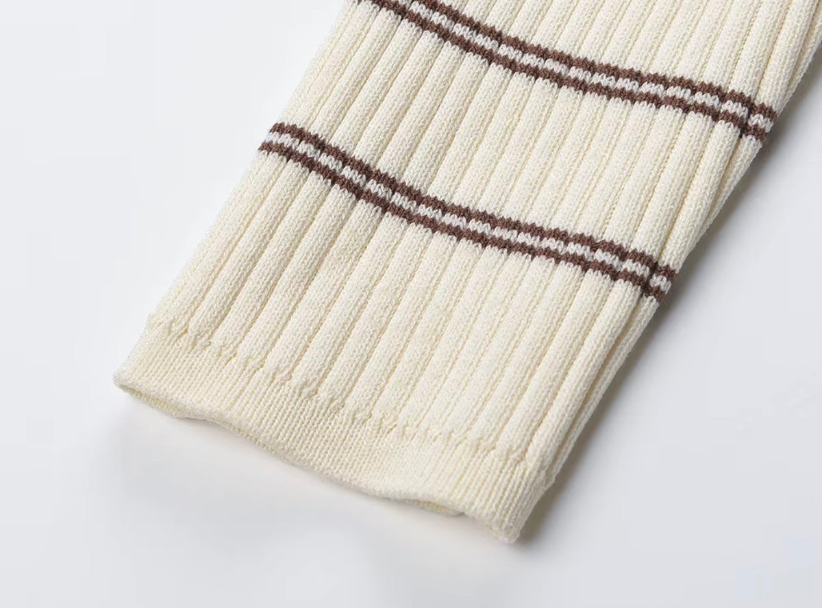 Ivory Striped Ribbed Knit Cardigan
