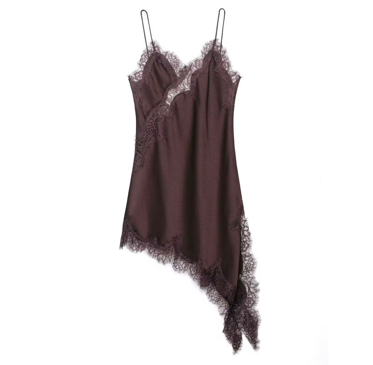 Asymmetric Lace Trim Slip Dress
