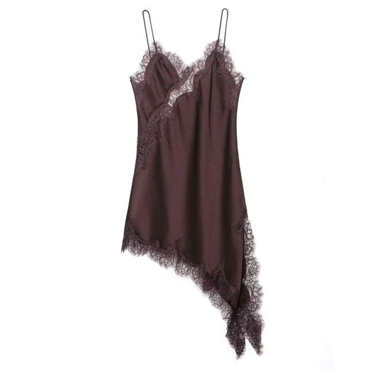 Asymmetric Lace Trim Slip Dress