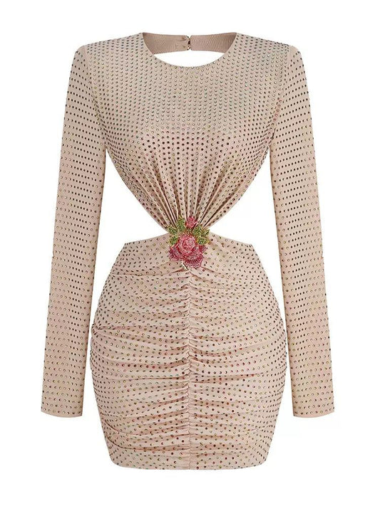 Nude Crystal Embellished Mini Dress with Floral Waist Detail