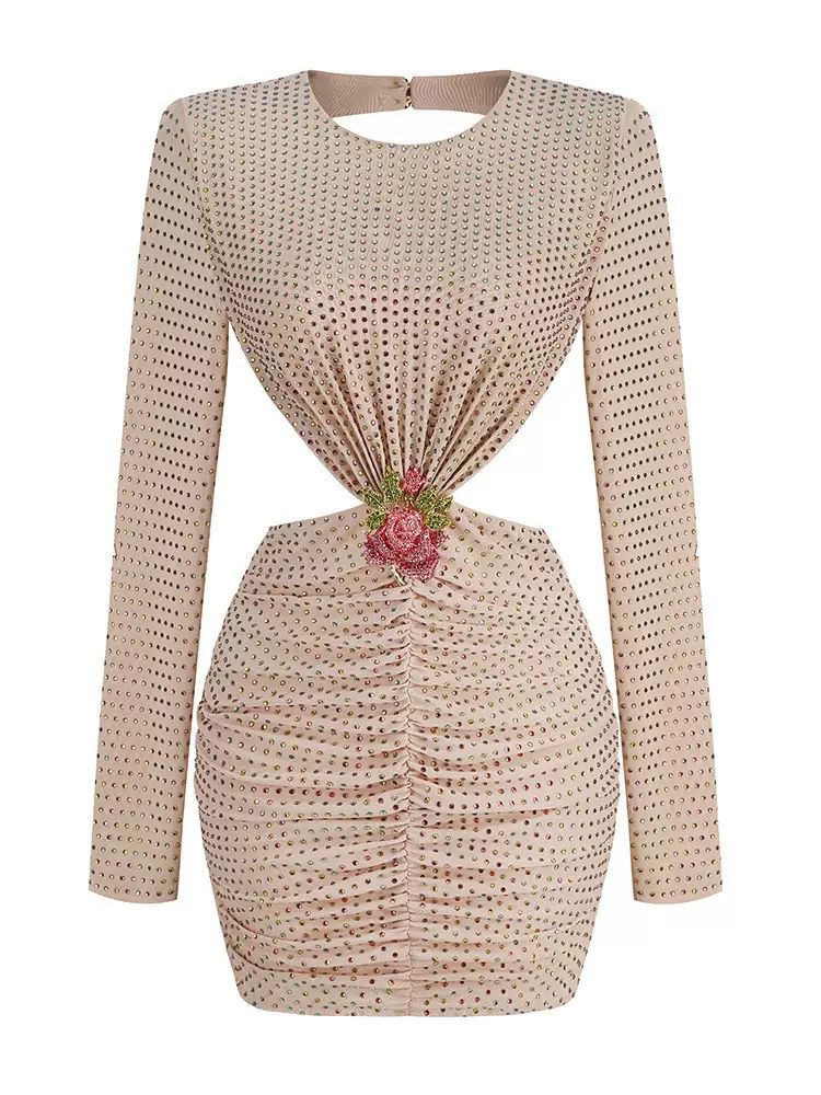 Nude Crystal Embellished Mini Dress with Floral Waist Detail