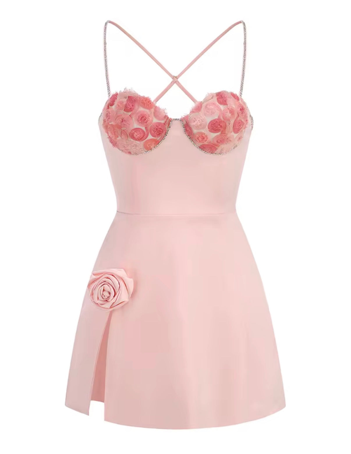 Blush Floral Appliqué Corset Mini Dress with Side Slit & Crystal Straps
