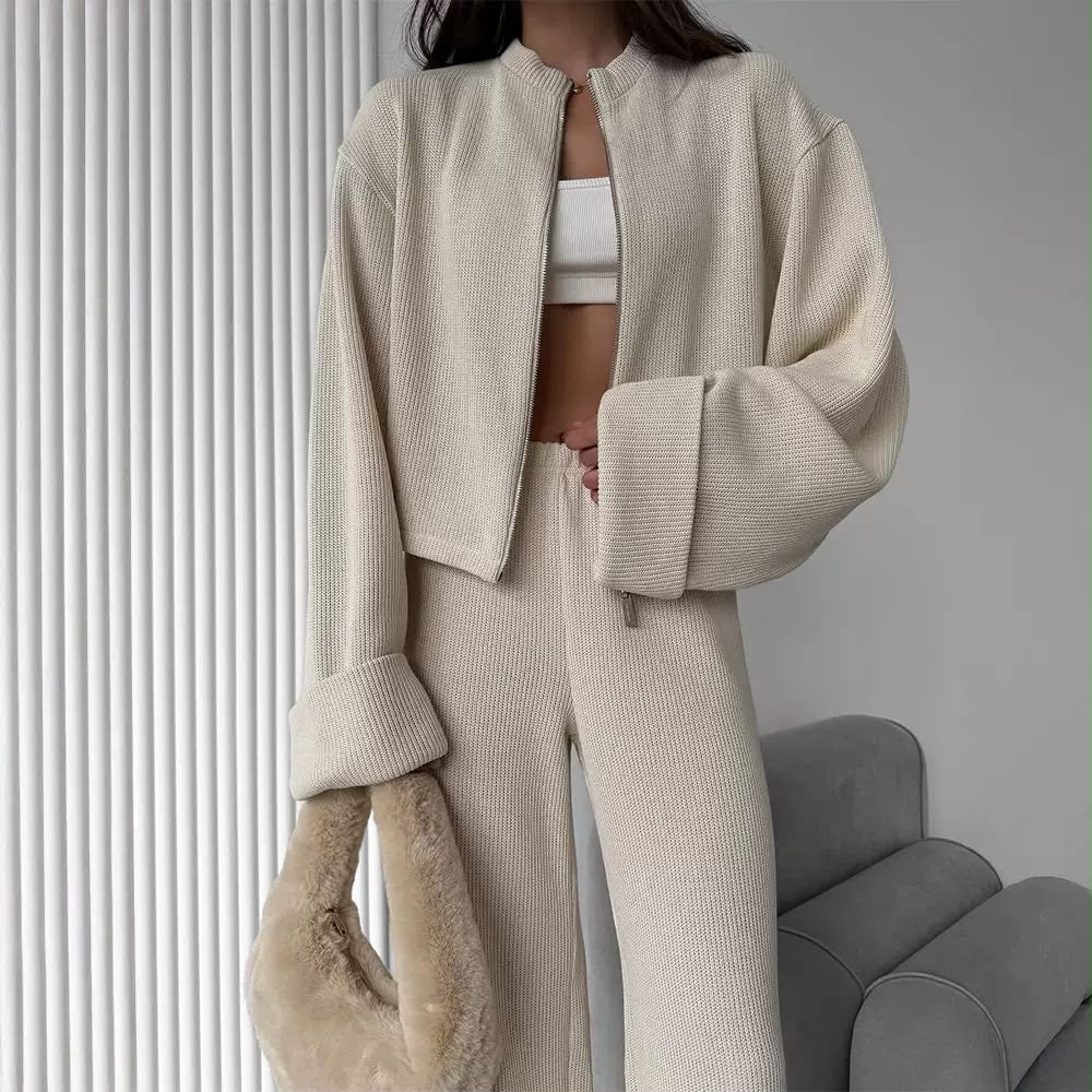 Zip-Up Ribbed Knit Wide-Leg Set.
