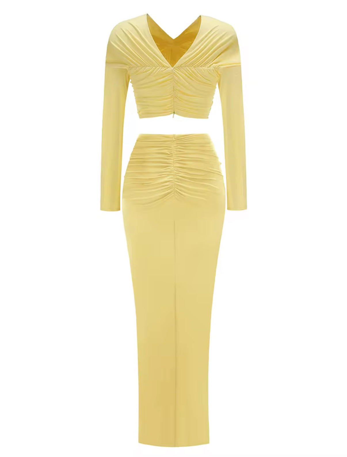 long sleeve maxi dress with twisted front & ruched detail