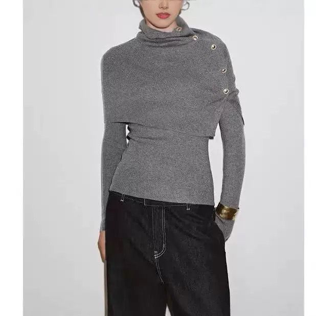 High-Neck Layered Knit Top with Side Buttons