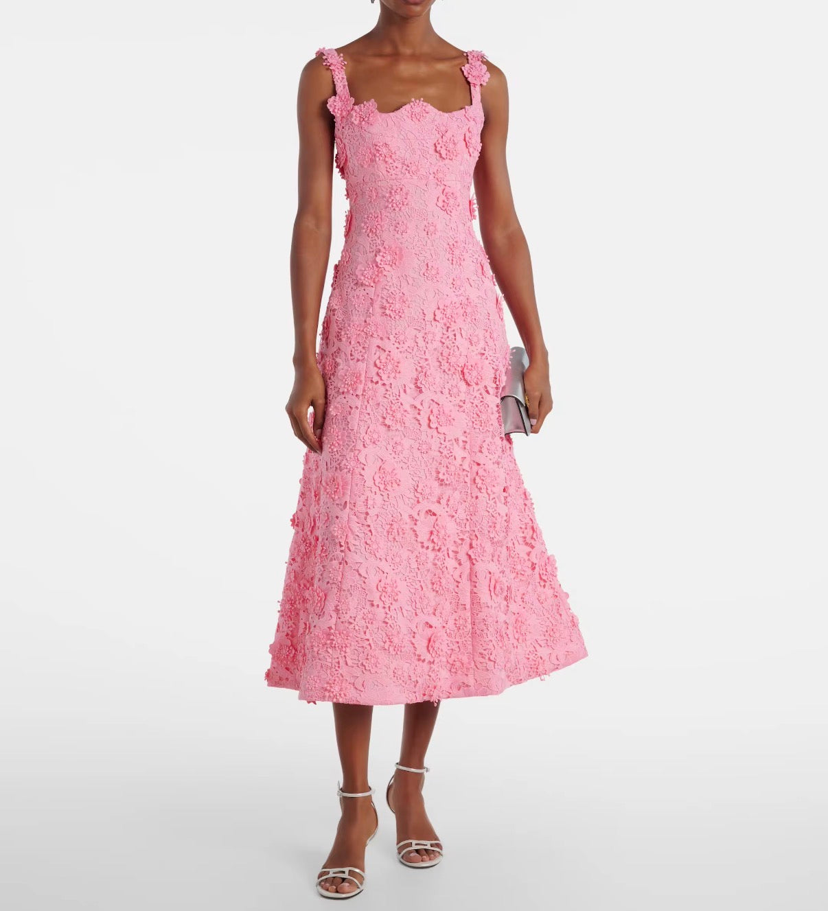 Pink Floral Lace Midi Dress