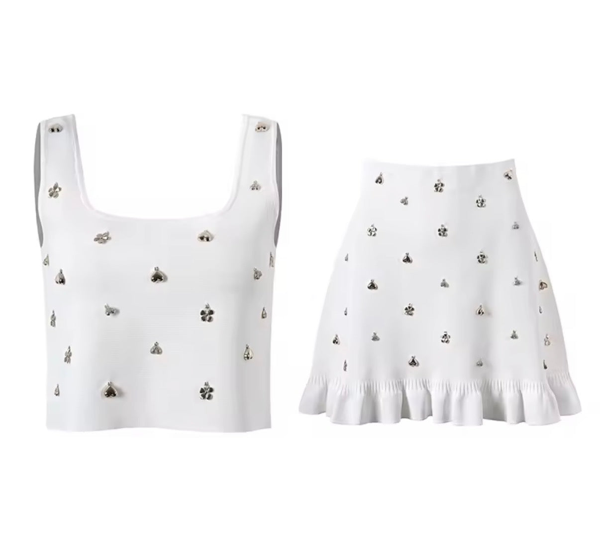 Crystal Charm Embellished Crop Top & Ruffle Mini Skirt Set