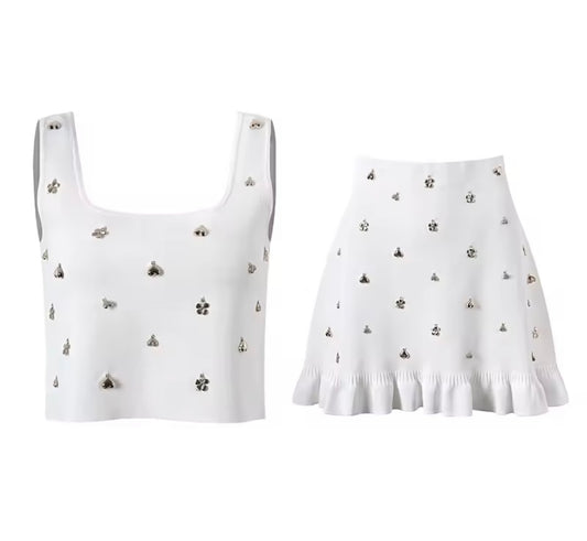 Crystal Charm Embellished Crop Top & Ruffle Mini Skirt Set