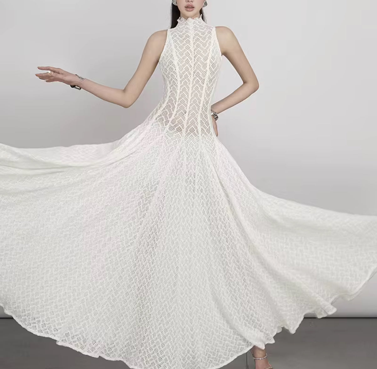 High-Neck Lace Dress with Sheer Illusion Detail