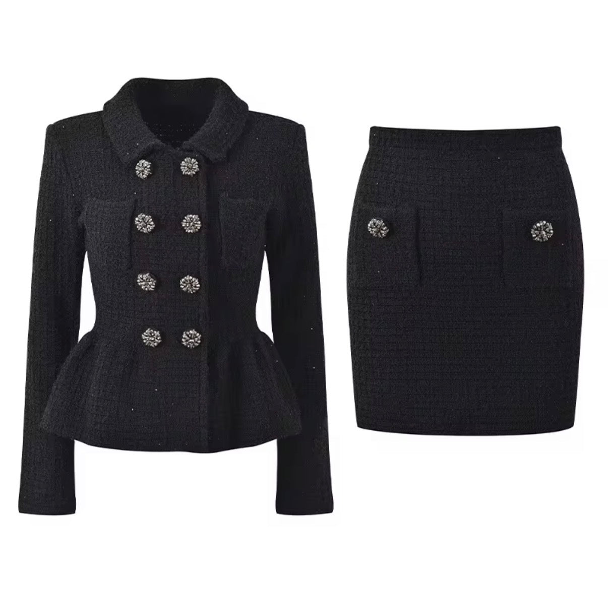 Buttoned Tweed Jacket & Mini Skirt Set
